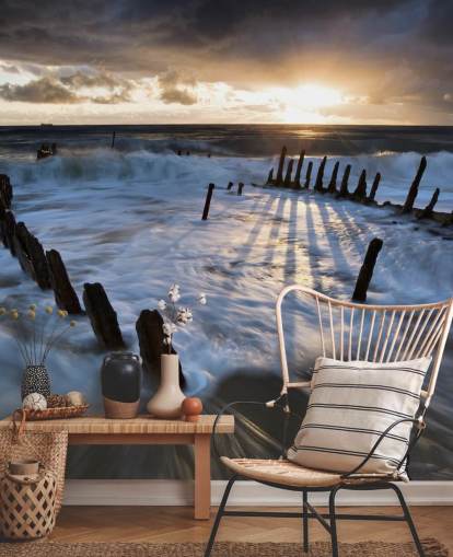 Abend Strand mit schaumigen Wellen Fototapete Abend Strand mit schaumigen Wellen Fototapete