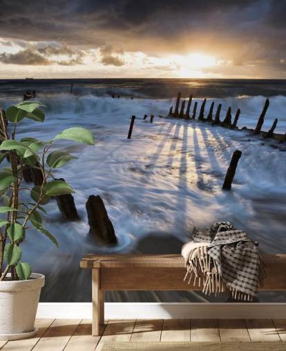Evening Beach with Frothy Waves Wall Mural