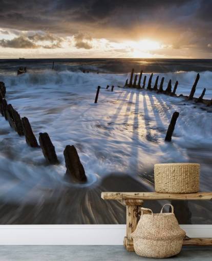 Evening Beach with Frothy Waves Wall Mural