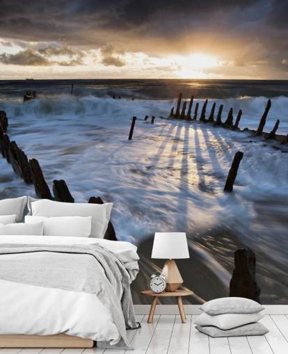 Evening Beach with Frothy Waves Wall Mural