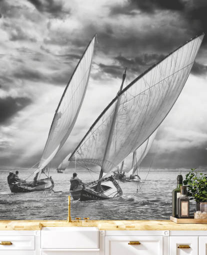 Zwarte en witte boten behang