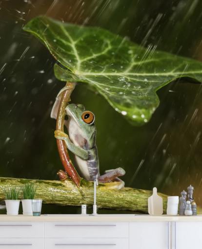 Frosch hält Blatt-Regenschirm Wallpaper