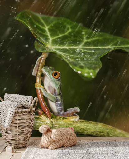 Frog Holding Leaf Umbrella