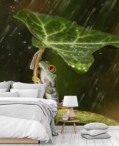 Frosch hält Blatt-Regenschirm Wallpaper