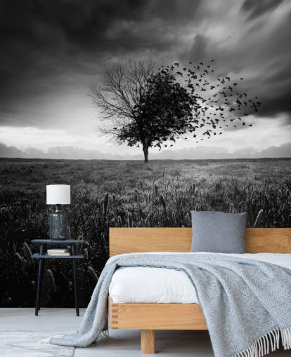 Papel pintado Árbol blanco y negro en el campo