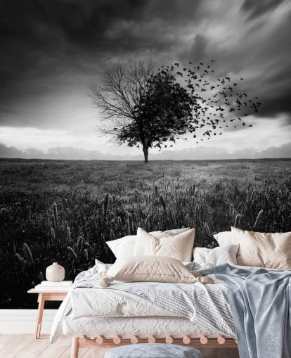 Black and White Tree in Field Wallpaper Black and White Tree in Field Wallpaper