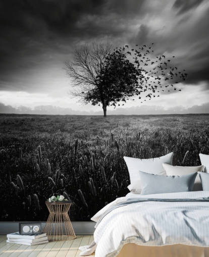Papel pintado Árbol blanco y negro en el campo