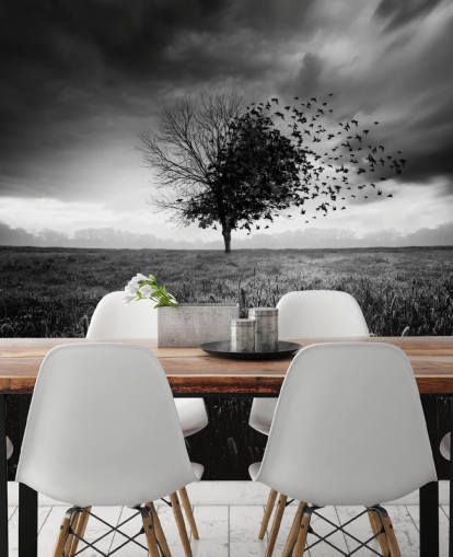 Papel pintado Árbol blanco y negro en el campo