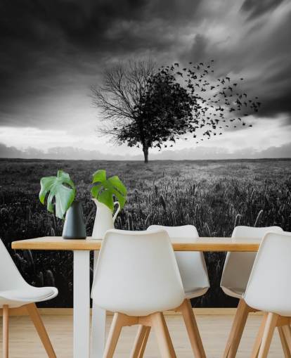 Papel pintado Árbol blanco y negro en el campo