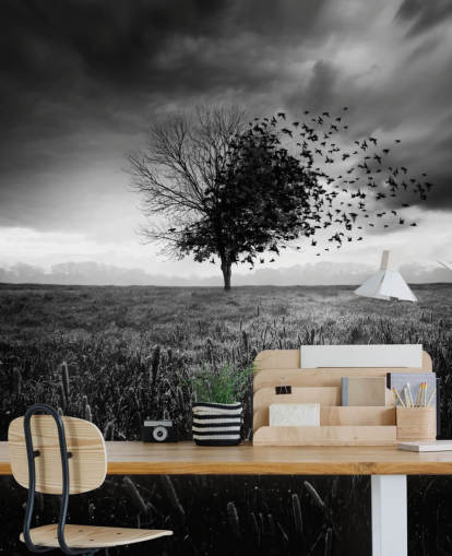 Papel pintado Árbol blanco y negro en el campo