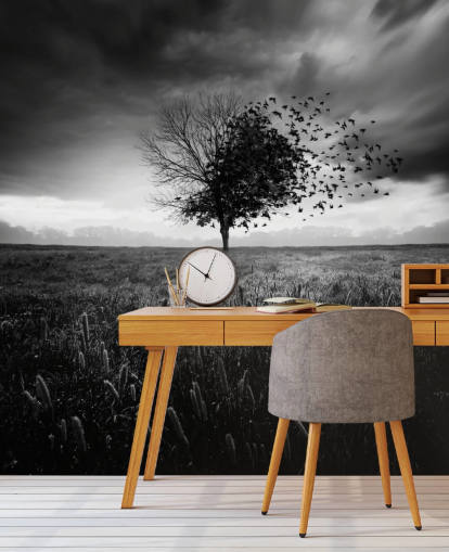 Papier Peint Arbre sur le Terrain en Noir et Blanc