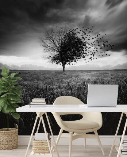 Carta da parati albero in campo bianco e nero