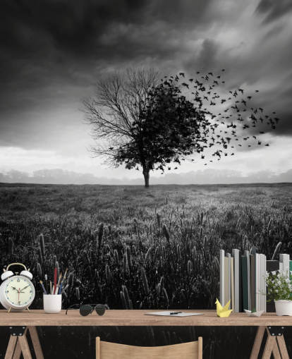 Papier Peint Arbre sur le Terrain en Noir et Blanc