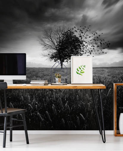 zwart-wit boom in veld behang