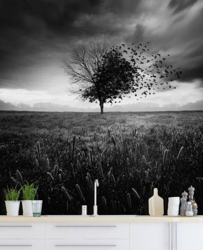 Papel pintado Árbol blanco y negro en el campo