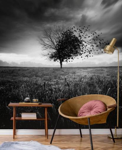Papier Peint Arbre sur le Terrain en Noir et Blanc
