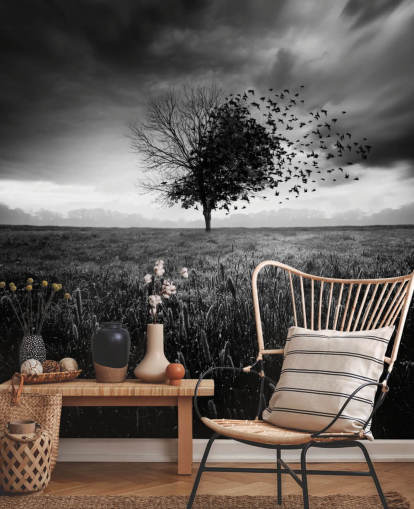 Papier Peint Arbre sur le Terrain en Noir et Blanc