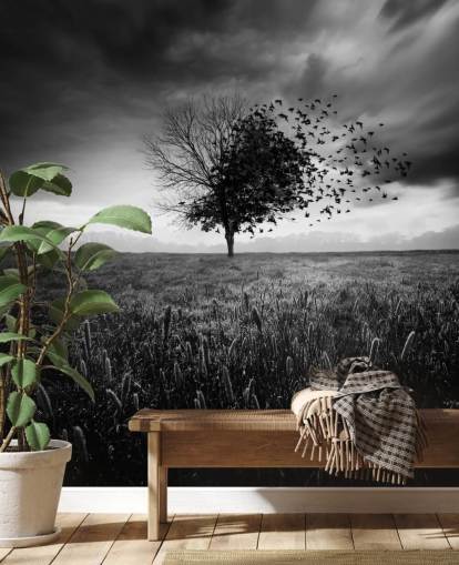 Papier Peint Arbre sur le Terrain en Noir et Blanc