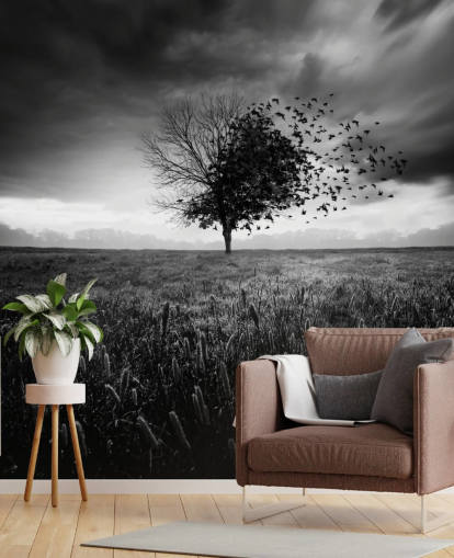 Papel pintado Árbol blanco y negro en el campo Papel pintado Árbol blanco y negro en el campo