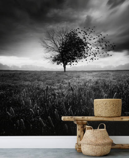 Papel pintado Árbol blanco y negro en el campo