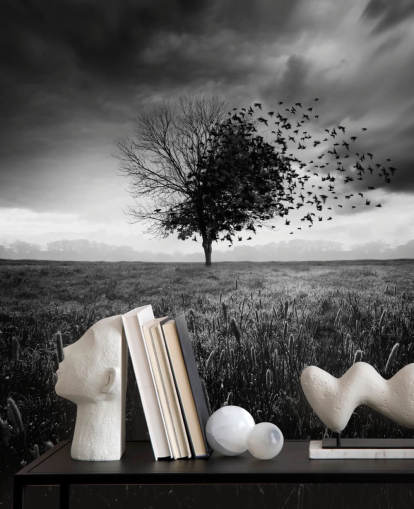 Papier Peint Arbre sur le Terrain en Noir et Blanc