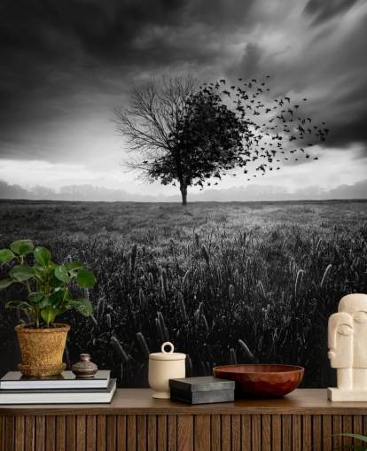 Papel pintado Árbol blanco y negro en el campo