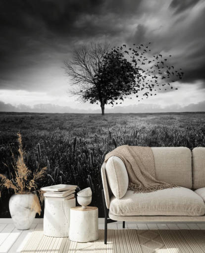 Papel pintado Árbol blanco y negro en el campo