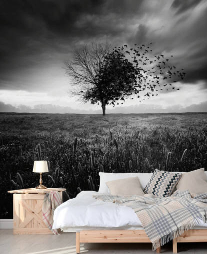 Papel pintado Árbol blanco y negro en el campo