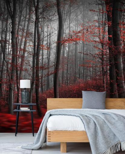 red customisable forest wallpaper mural called Red Carpet Forest for bedrooms