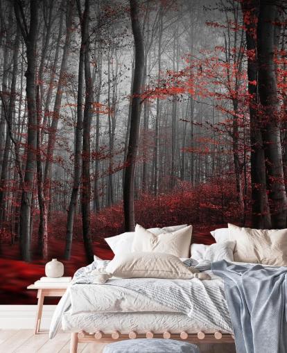 mural rojo personalizable de papel pintado de bosque llamado Red Carpet Forest para dormitorios
