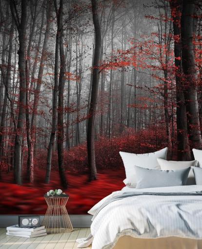 rode aanpasbare bosbehangmuurschildering genaamd Red Carpet Forest voor slaapkamers