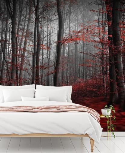 punainen muokattava metsätaustakuvamaalaus nimeltä Red Carpet Forest makuuhuoneisiin