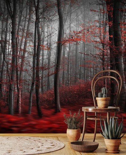 mural de papel de parede florestal personalizável vermelho chamado Red Carpet Forest para quartos mural de papel de parede florestal personalizável vermelho chamado Red Carpet Forest para quartos