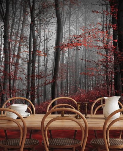 rødt tilpassbart skogtapet veggmaleri kalt Red Carpet Forest for soverom rødt tilpassbart skogtapet veggmaleri kalt Red Carpet Forest for soverom
