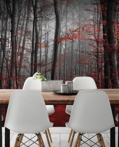 rode aanpasbare bosbehangmuurschildering genaamd Red Carpet Forest voor slaapkamers