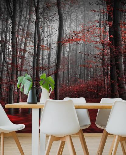 mural rojo personalizable de papel pintado de bosque llamado Red Carpet Forest para dormitorios