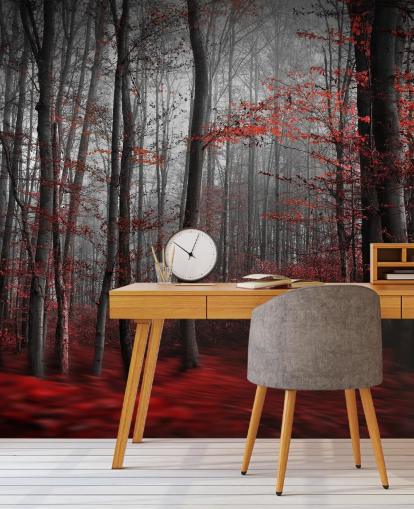 mural de papel de parede florestal personalizável vermelho chamado Red Carpet Forest para quartos