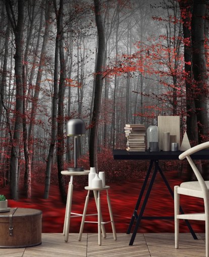 rødt tilpassbart skogtapet veggmaleri kalt Red Carpet Forest for soverom rødt tilpassbart skogtapet veggmaleri kalt Red Carpet Forest for soverom