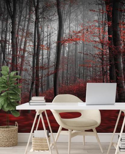 rode aanpasbare bosbehangmuurschildering genaamd Red Carpet Forest voor slaapkamers