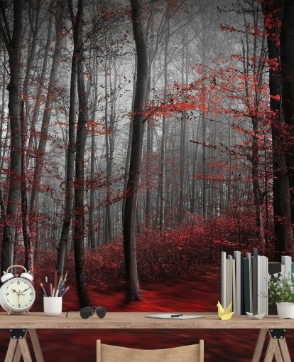 carta da parati murale rossa personalizzabile con foresta chiamata Red Carpet Forest per camere da letto