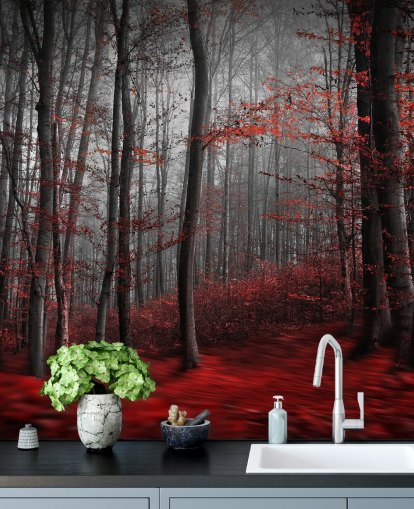 rødt tilpassbart skogtapet veggmaleri kalt Red Carpet Forest for soverom