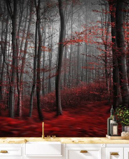 rode aanpasbare bosbehangmuurschildering genaamd Red Carpet Forest voor slaapkamers