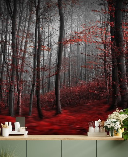 Rote anpassbare Wald-Wandtapete namens Red Carpet Forest für Schlafzimmer Rote anpassbare Wald-Wandtapete namens Red Carpet Forest für Schlafzimmer