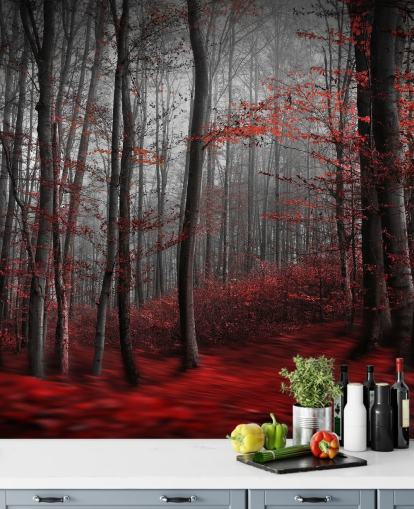 rødt tilpassbart skogtapet veggmaleri kalt Red Carpet Forest for soverom