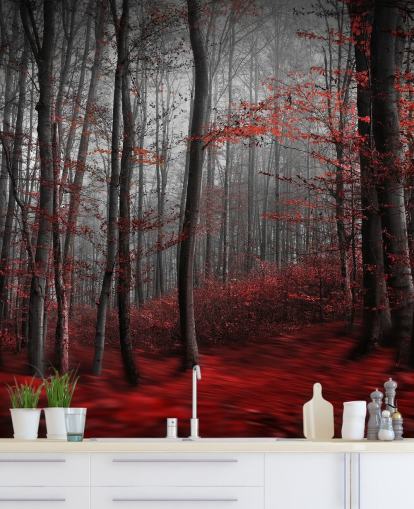 mural de papel de parede florestal personalizável vermelho chamado Red Carpet Forest para quartos