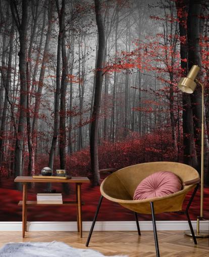 mural de papel de parede florestal personalizável vermelho chamado Red Carpet Forest para quartos