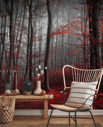 carta da parati murale rossa personalizzabile con foresta chiamata Red Carpet Forest per camere da letto