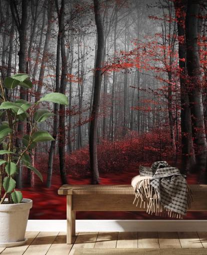 punainen muokattava metsätaustakuvamaalaus nimeltä Red Carpet Forest makuuhuoneisiin