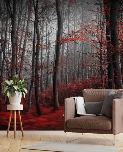 rød tilpasselig skov tapet vægmaleri kaldet Red Carpet Forest til soveværelser