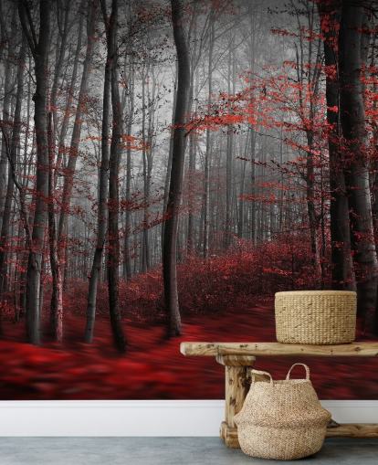 mural de papel de parede florestal personalizável vermelho chamado Red Carpet Forest para quartos mural de papel de parede florestal personalizável vermelho chamado Red Carpet Forest para quartos